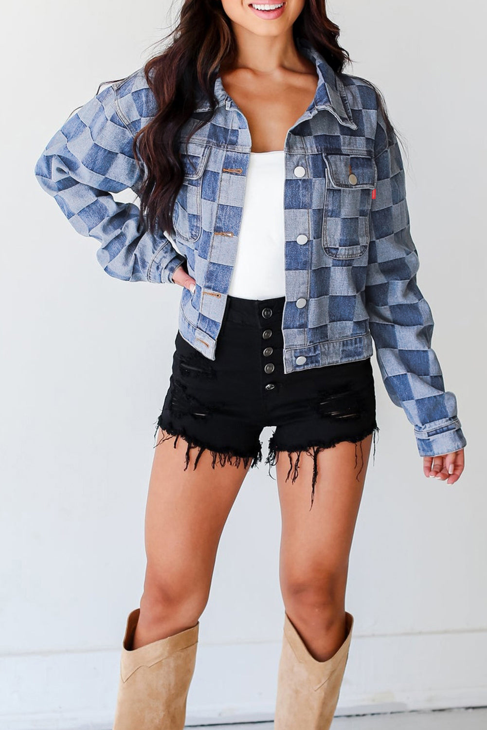 Black Checkered Patchwork Button up Denim Jacket