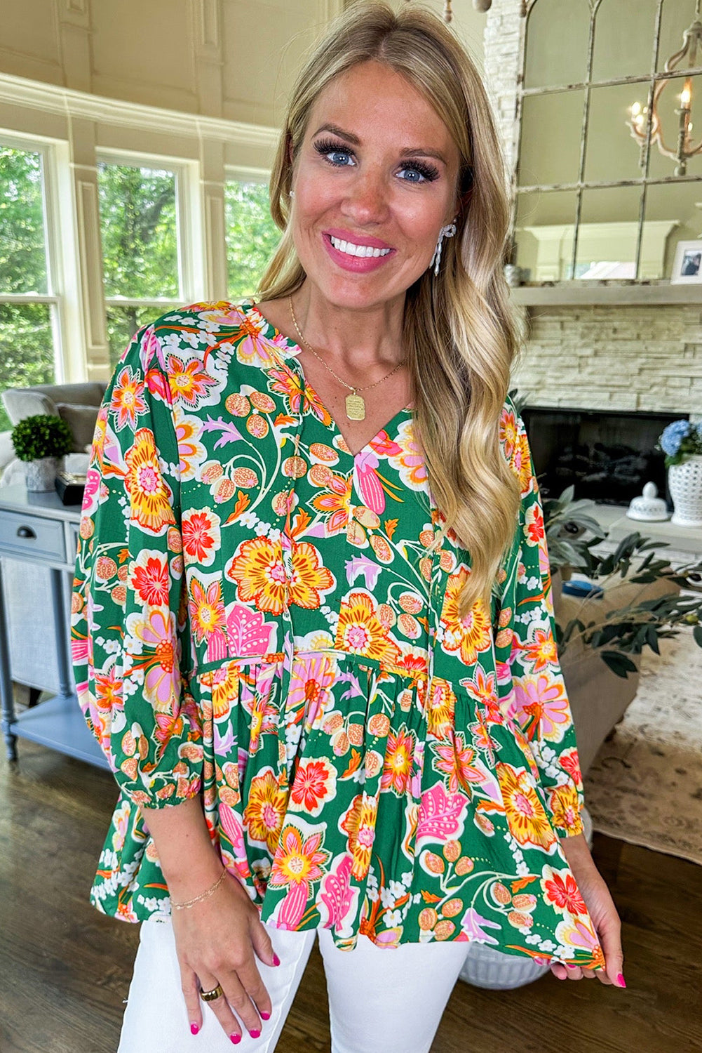 Green Floral Puff Sleeve V Neck Peplum Blouse