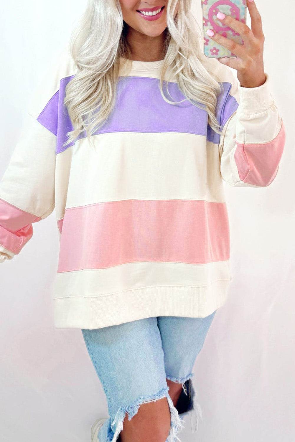 Beige Colorblock Patchwork Drop Shoulder Crewneck Sweatshirt