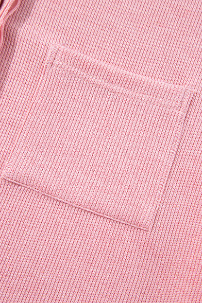 Pink Ribbed Knit Collared Henley Top with Chest Pocket