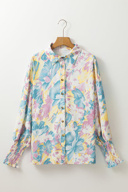 Yellow Floral Allover Print Shirred Cuff Oversized Shirt