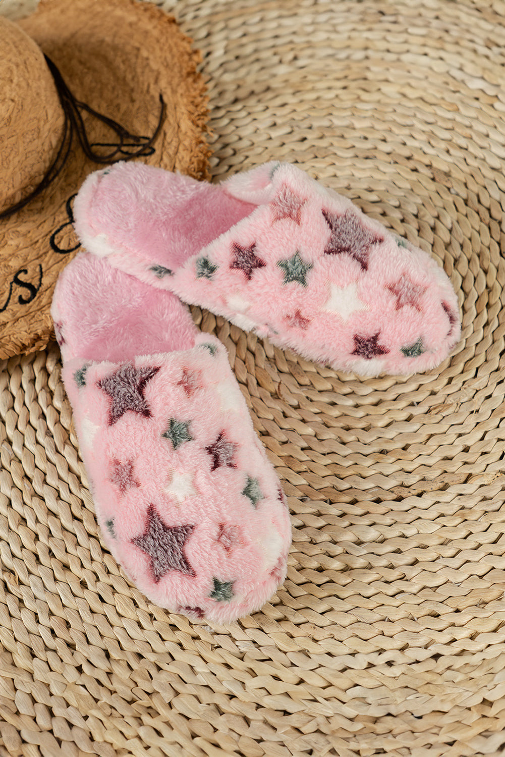 Pink Star Pattern Plush Home Slippers