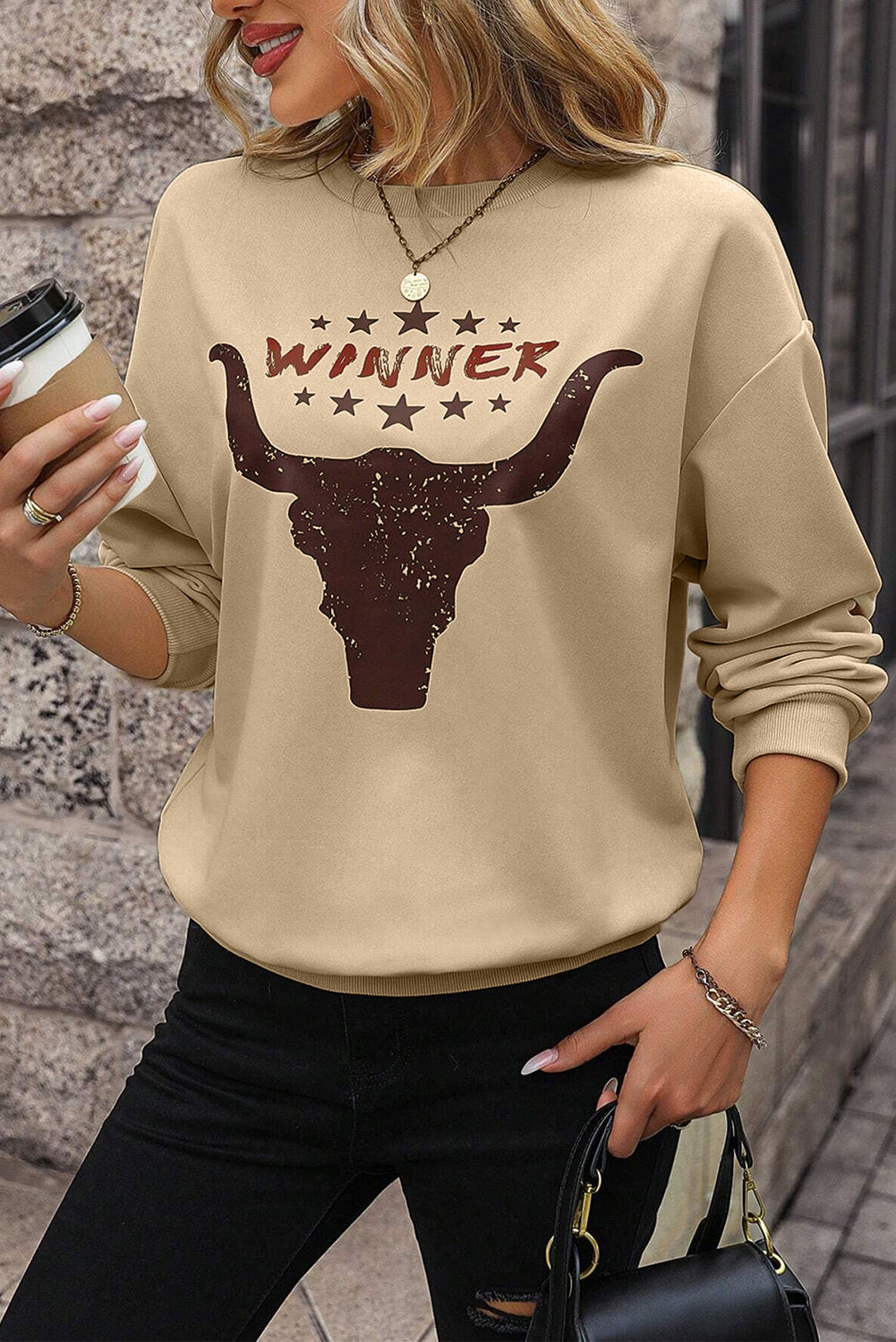 Khaki WINNER Steer Head Graphic Sweatshirt