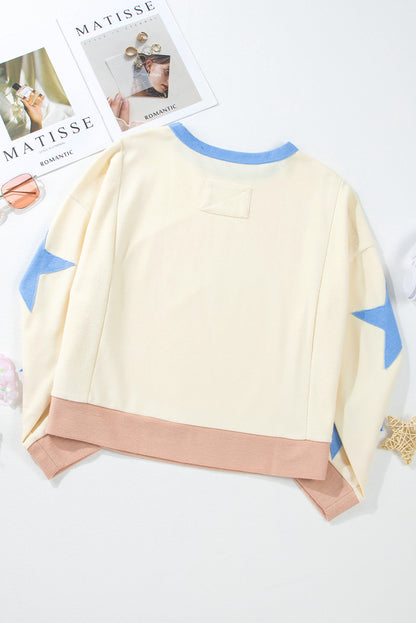 Parchment Star Patchwork Exposed Seam Oversized Sweatshirt