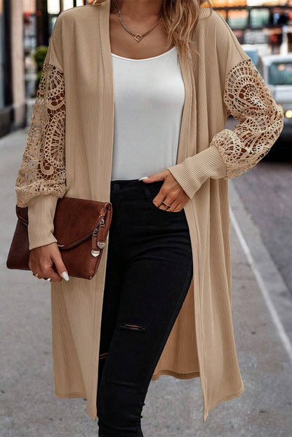 Parchment Lace Patchwork Ribbed Knit Open Front Duster Cardigan