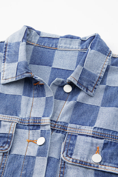 Black Checkered Patchwork Button up Denim Jacket