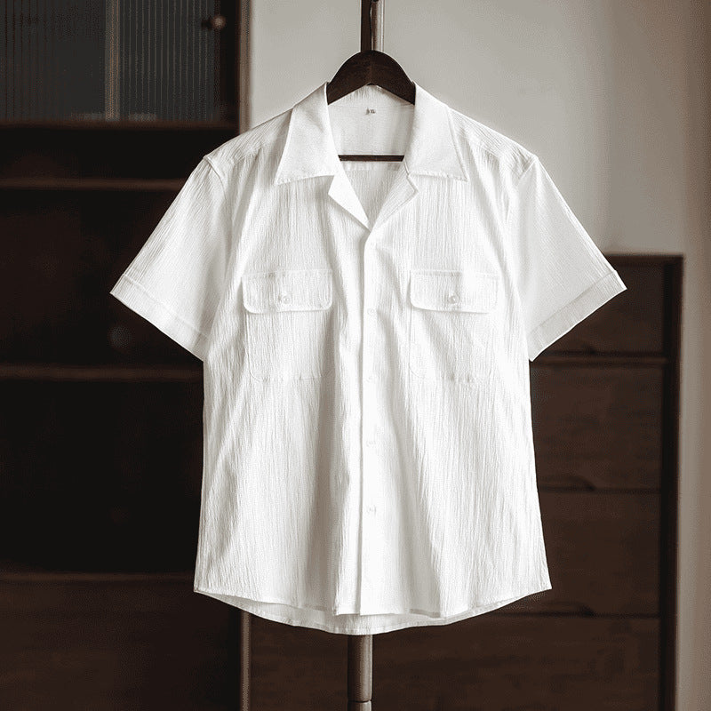 Retro Solid Color Seersucker Shirt Casual British Cuban Collar Shirt