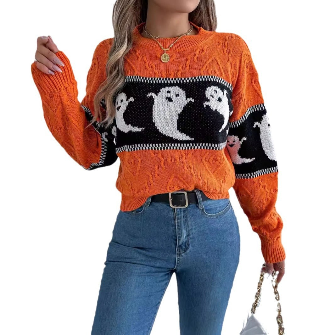 Halloween Ghost Contrast Color Knitted Long-sleeved Pullover