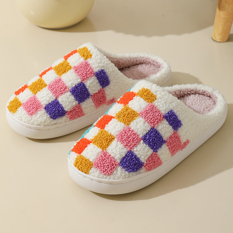 Fashion Colorful Checkerboard Home Slippers Couples Floor Bedroom Slipper Winter Warm Indoor House Shoes For Women And Men