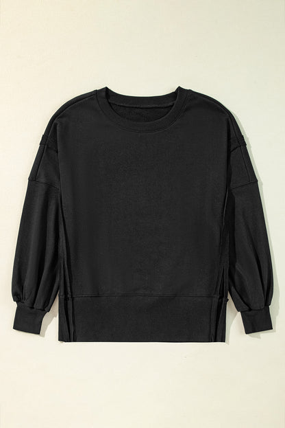 Black Exposed Seam Drop Shoulder Round Neck Sweatshirt with Slits