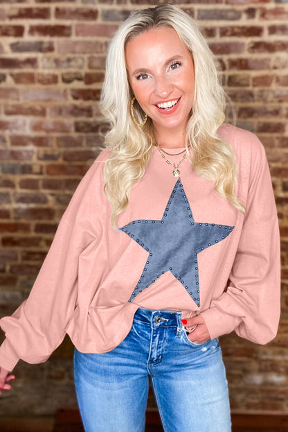 Black Studded Star Graphic Oversized Long Sleeve Top