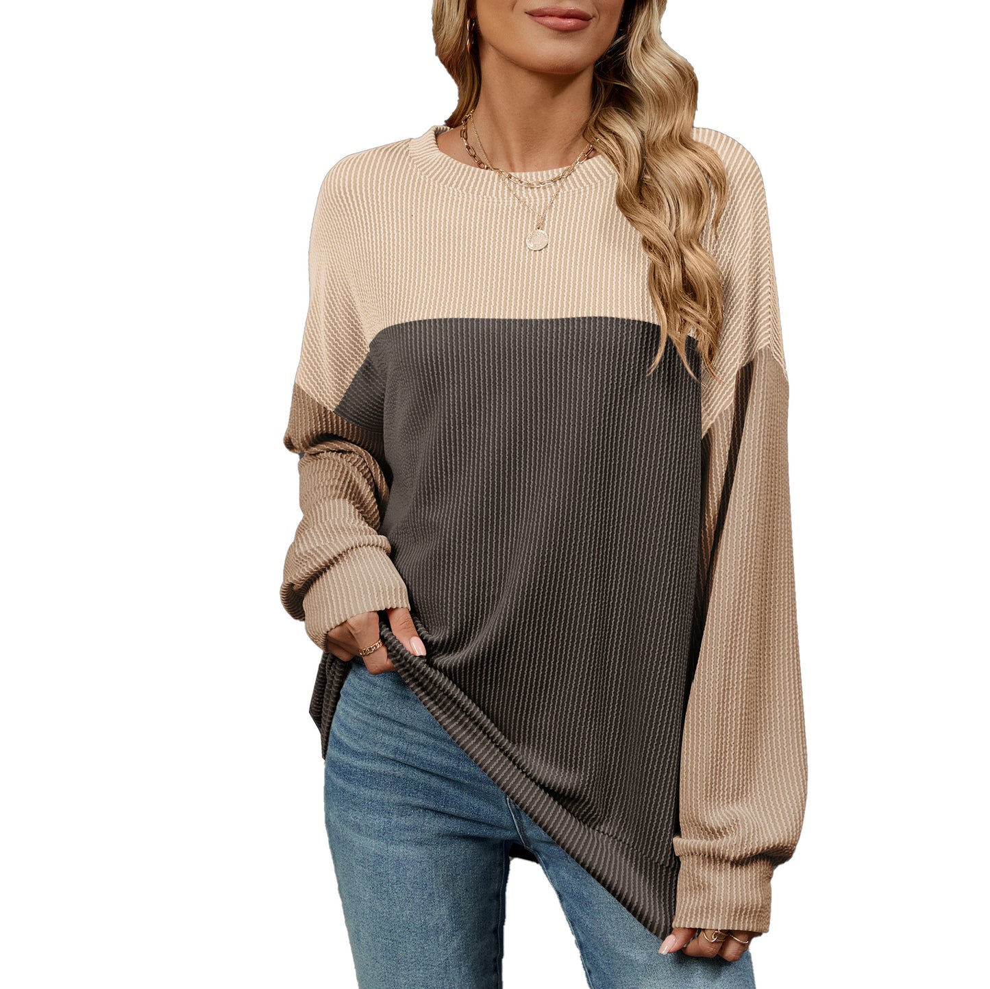 Fashion Contrast-color Round Neck Long Sleeve T-shirt Casual Pullover Top For Womens Clothing