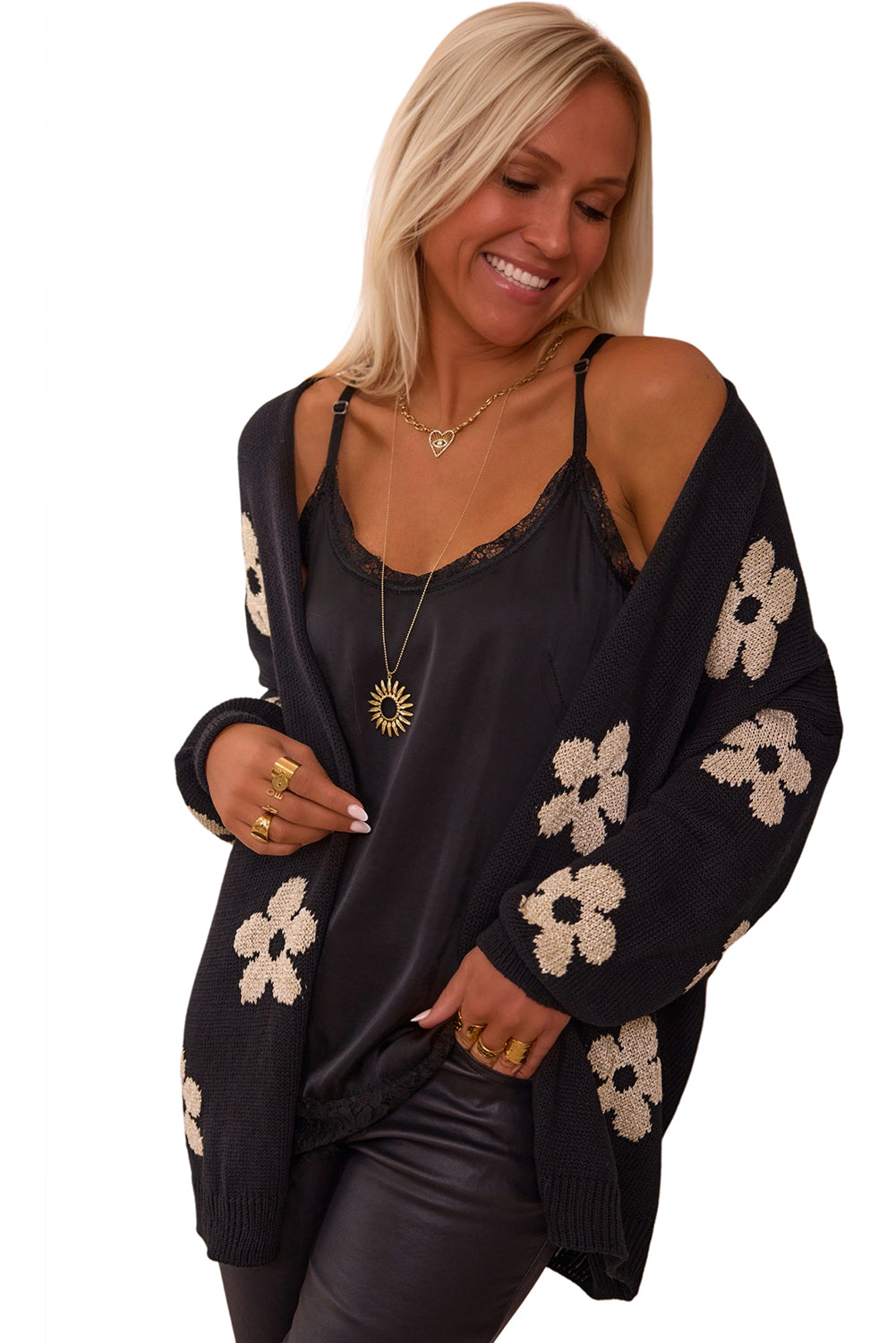 Black Floral Print Knitted Open Front Loose Cardigan