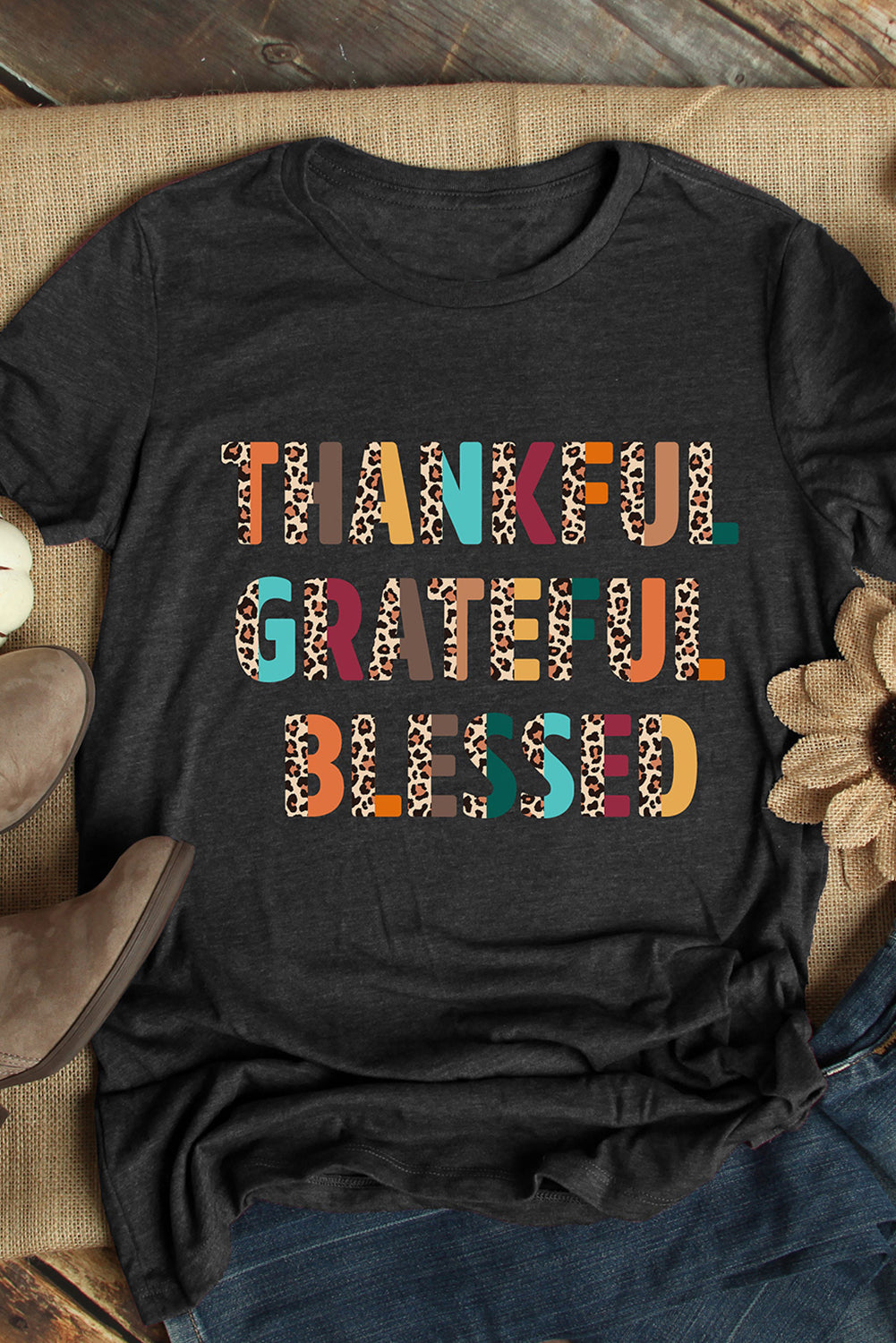 Black Thankful Grateful Blessed Leopard Print Crewneck T Shirt