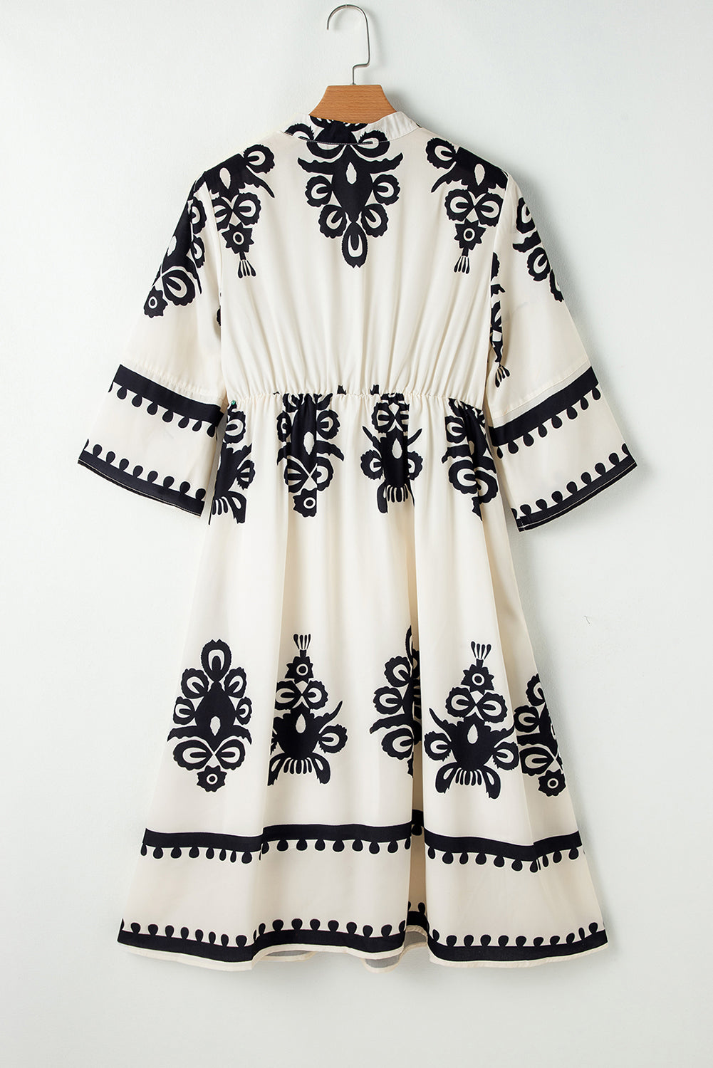 Beige Western Geometric Print 3/4 Sleeve Loose Midi Dress