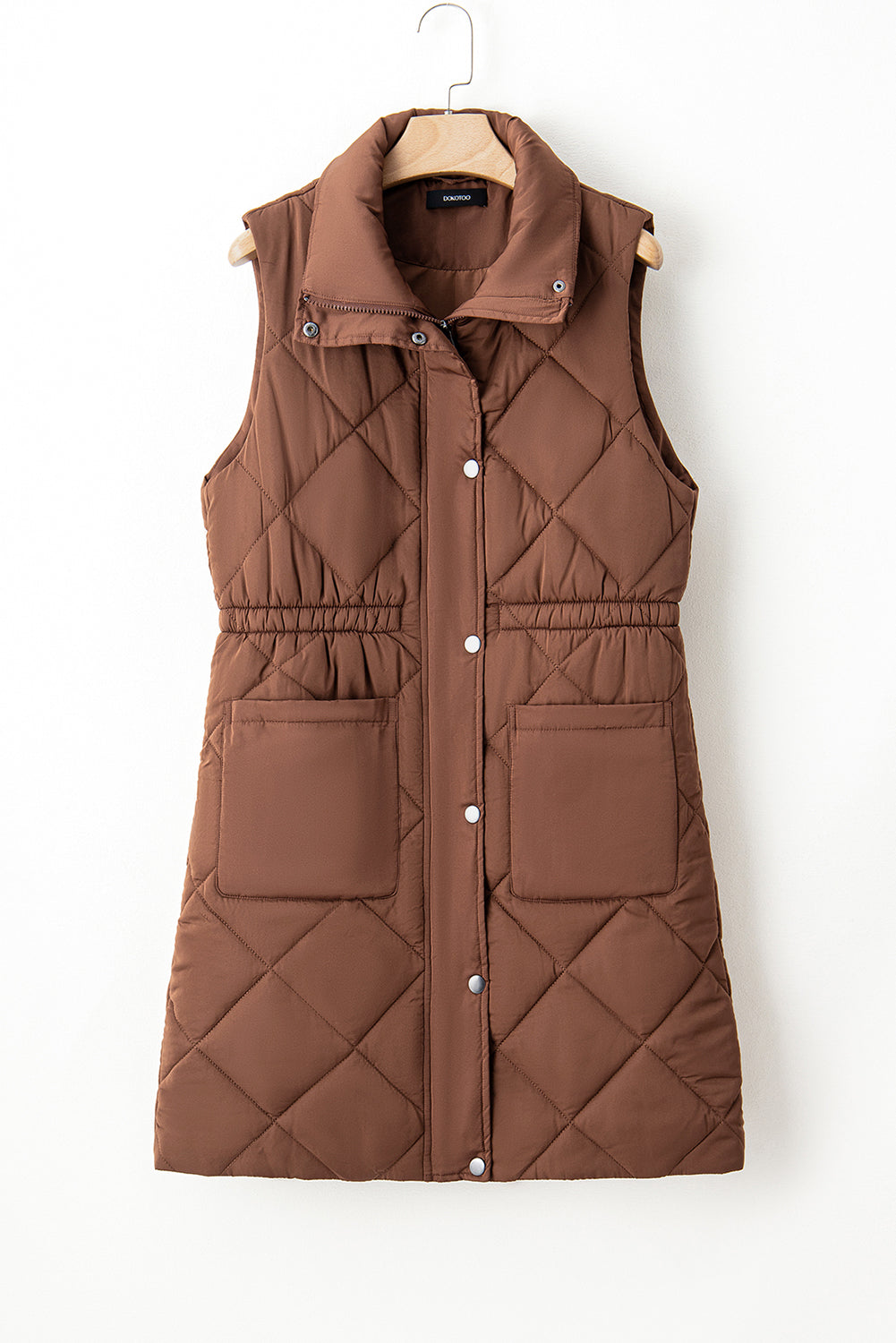 Black Longline Quilted Stand Collar Puffer Vest