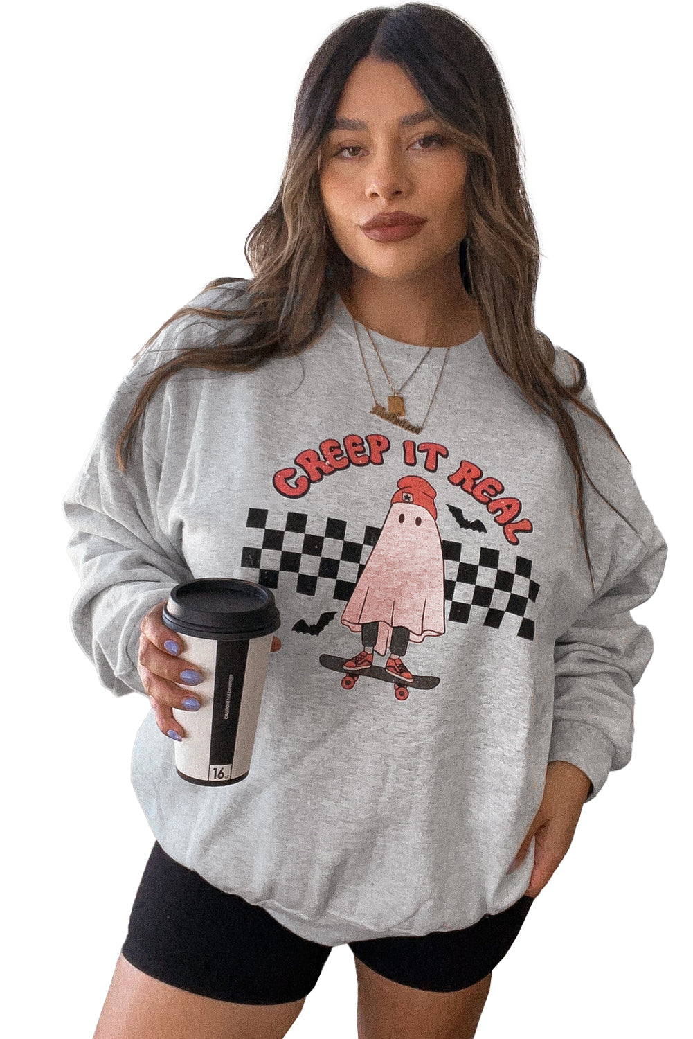 Light Grey Creep It Real Ghost Print Plus Size Sweatshirt