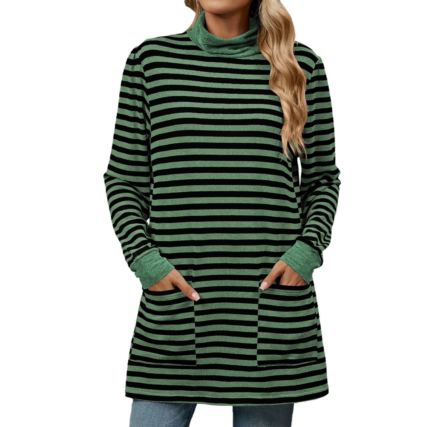 Striped Print Long Sweatshirt With Pocket Loose Long Sleeve Pullover T-shirt Top