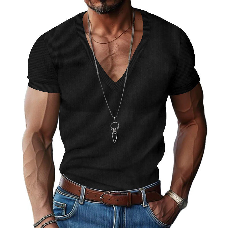 V-neck Solid Color Slim Fit Casual T-shirt Men's Top