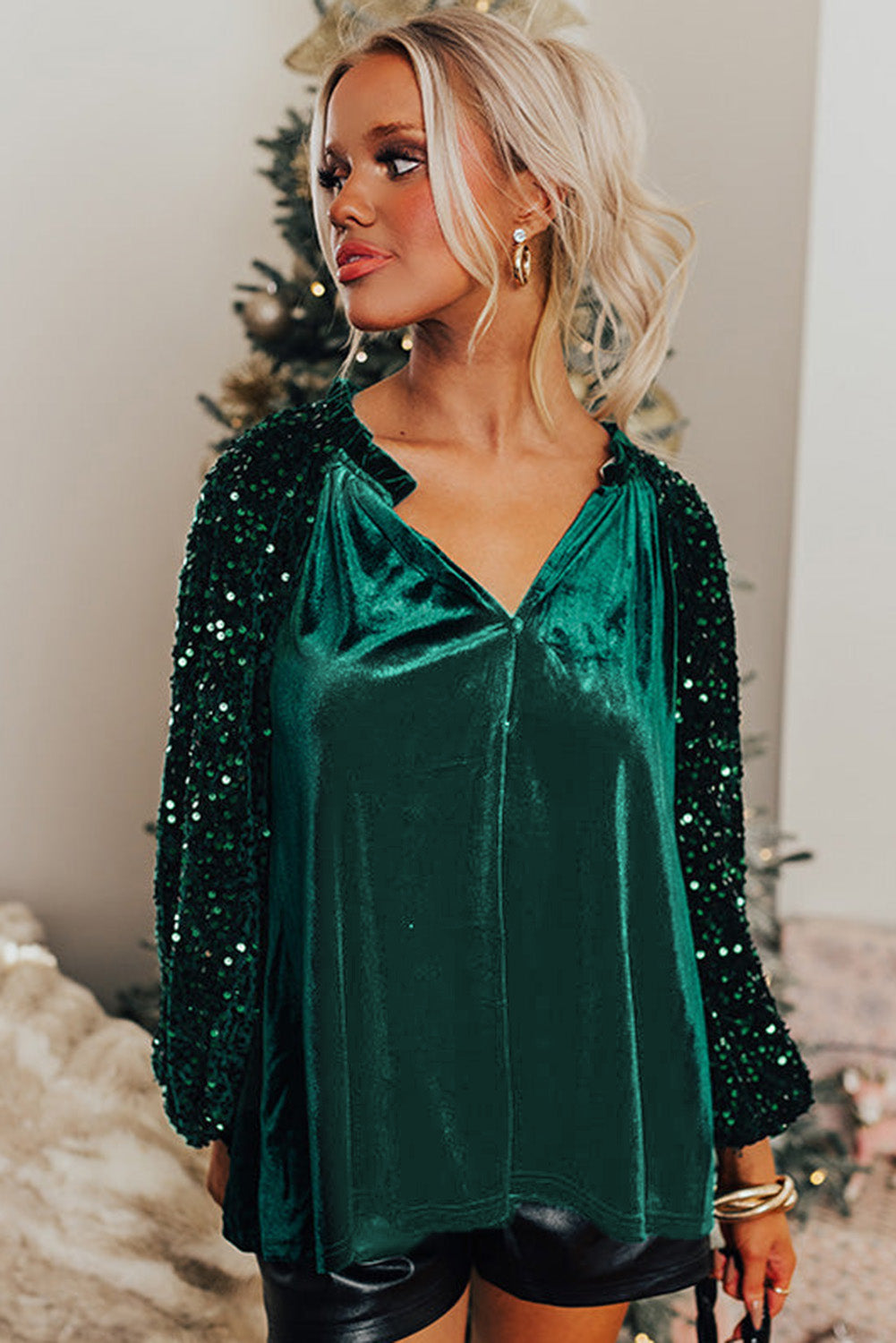 Evergreen Sequin Patchwork Sleeve Button Up Velvet Top