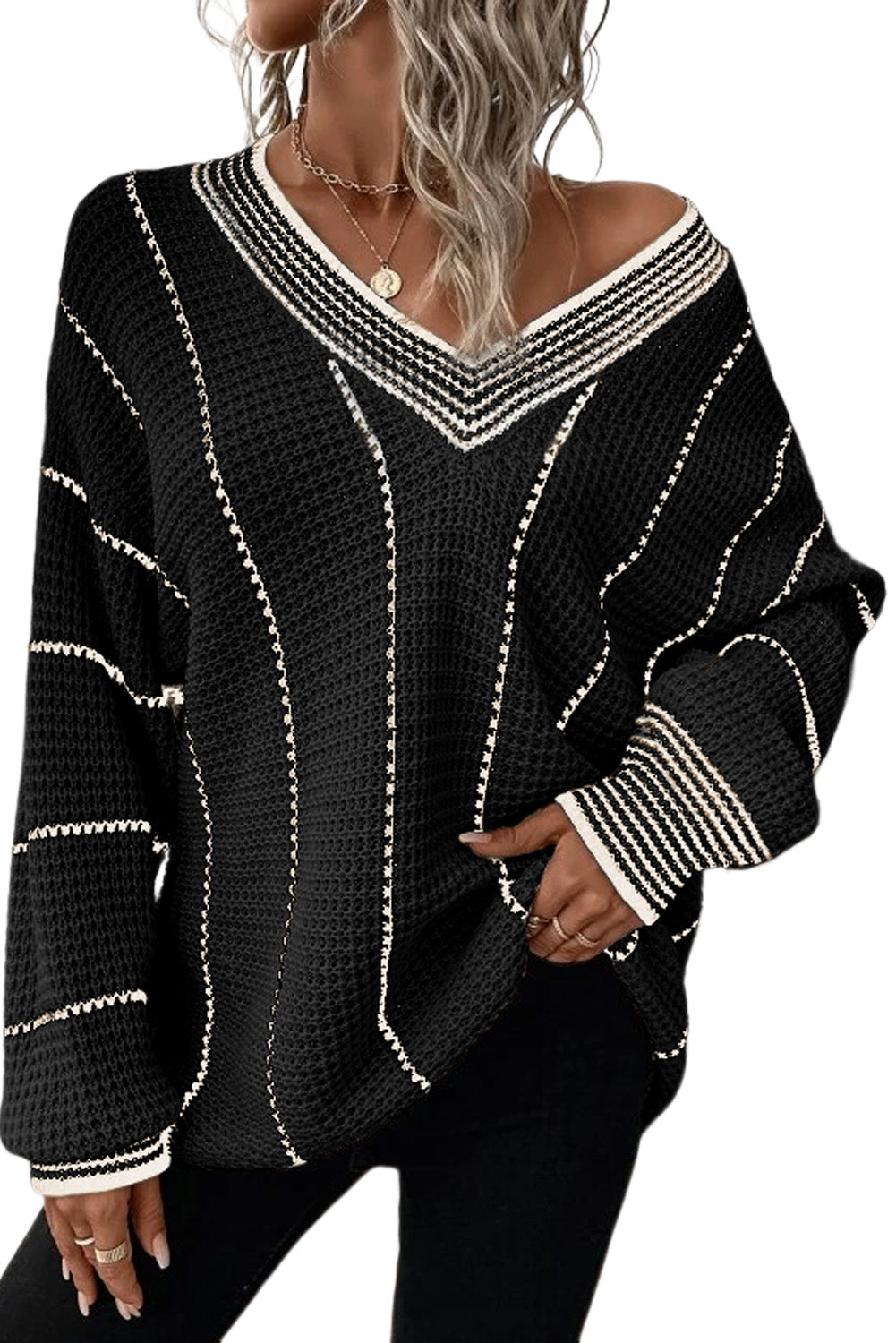 Black Colorblock Striped V Neck Knitted Loose Sweater