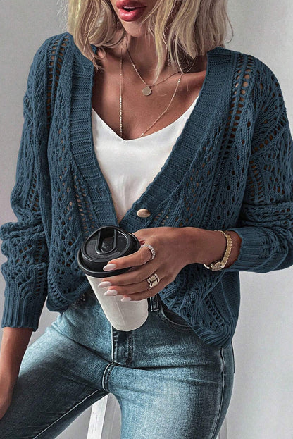 Beige Open Knit Drop Shoulder Sweater Cardigan