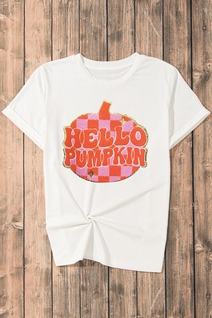 White Chenille Checkerboard Hello Pumpkin Patched Pattern Thanksgiving T Shirt