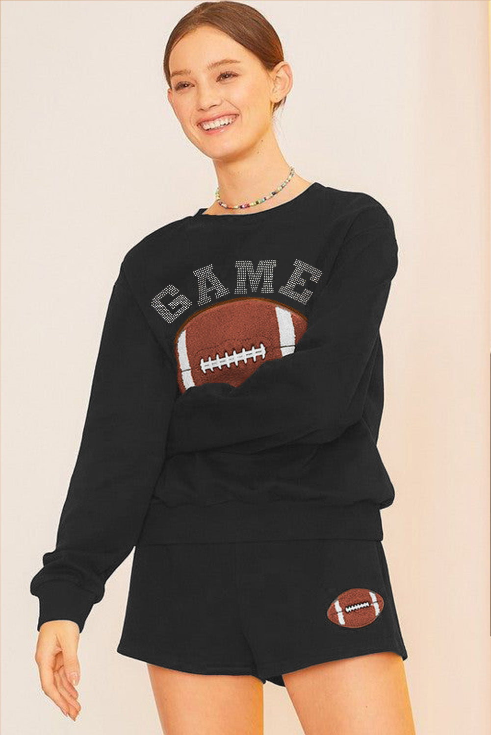 Black GAME DAY Rugby Football Graphic Pullover and Shorts Casual Outfit