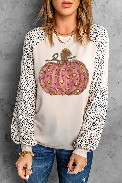 Khaki Thanksgiving Pumpkin Graphic Leopard Raglan Sleeve Top