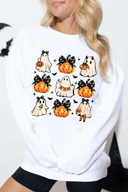 Beige Halloween Ghost Pumpkin Print Crew Neck Sweatshirt