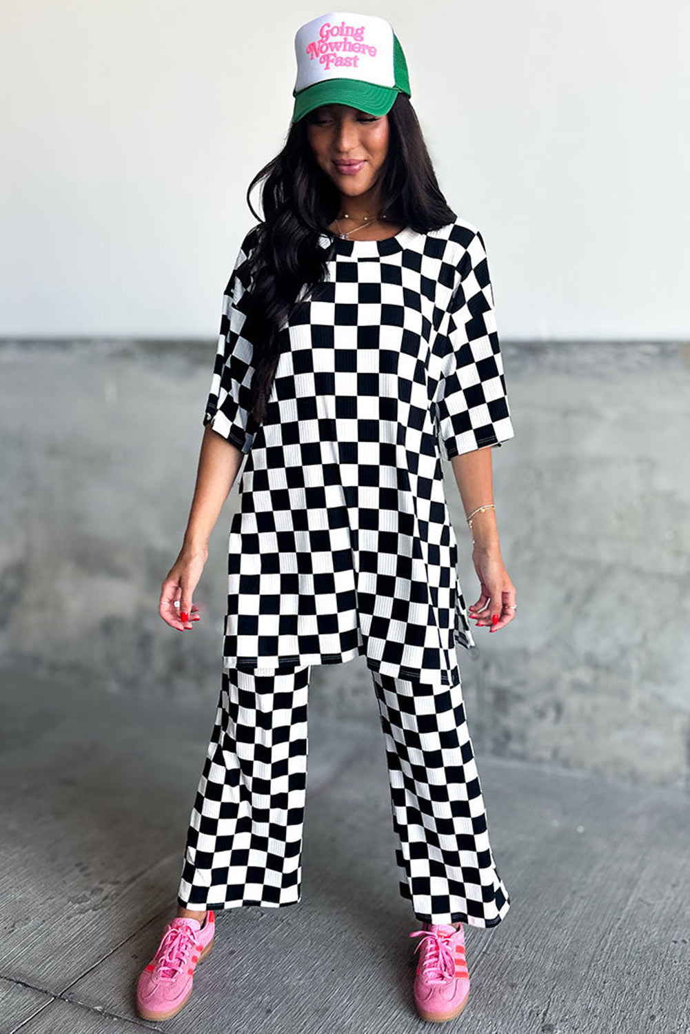 Black Checkered Print Half Sleeve Tunic Top and Flared Pants Set