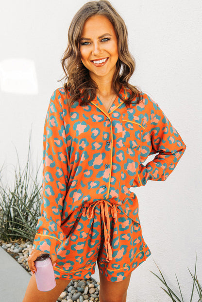 Orange Leopard Print Long Sleeve Shirt and Shorts Pajama Set