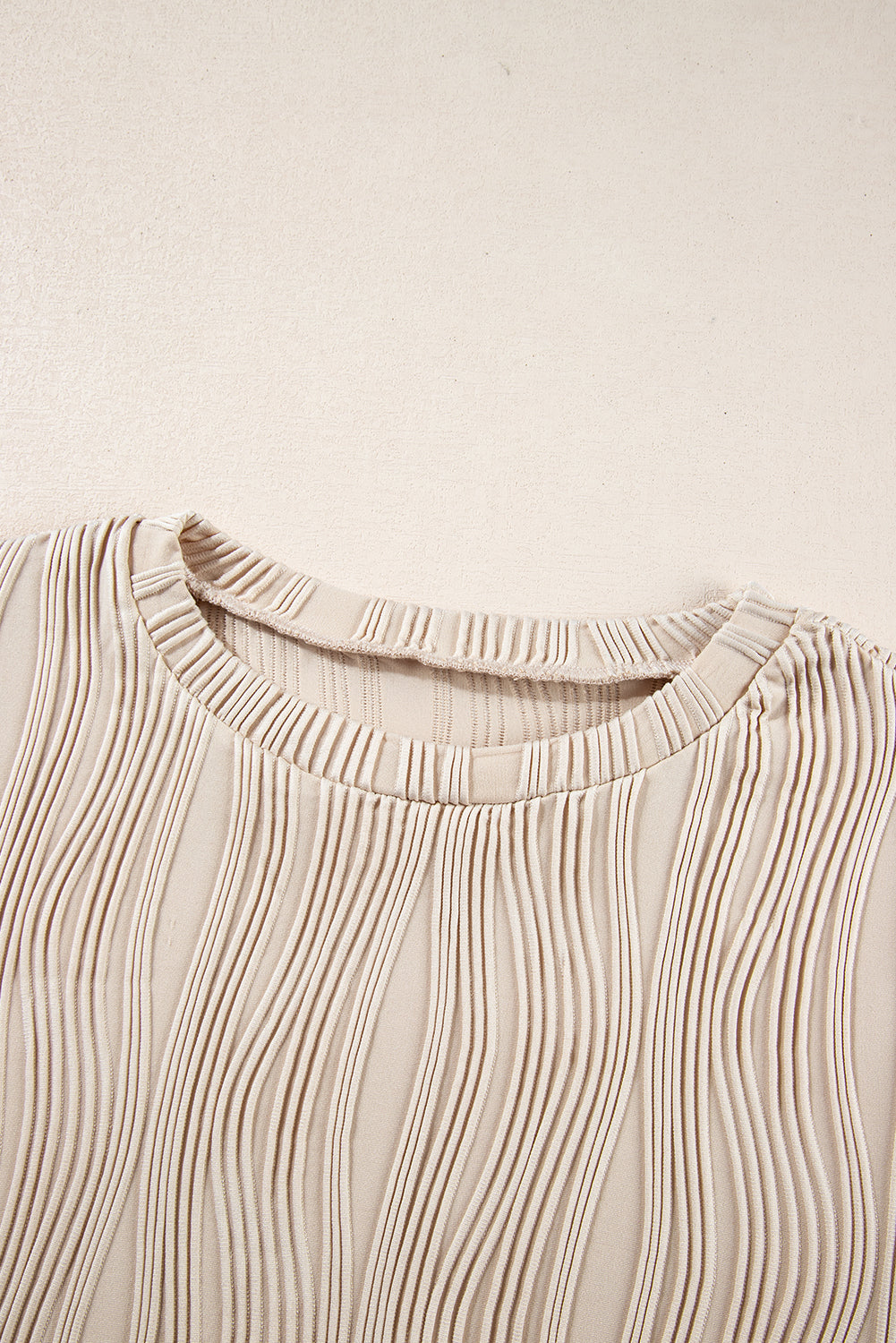 White Textured Wavy Round Neck Long Sleeve Top