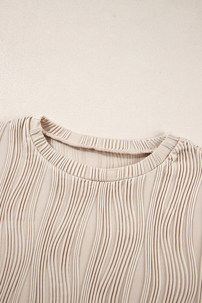 White Textured Wavy Round Neck Long Sleeve Top