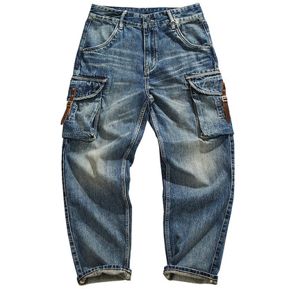 Heavy Weight Cargo Jeans Male Loose Straight Trousers