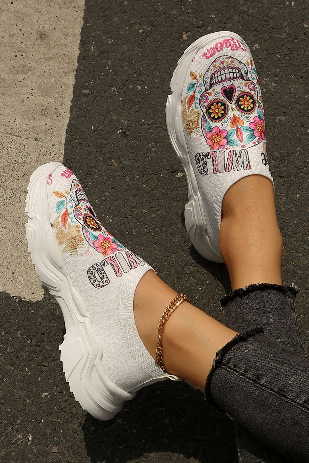 White Halloween Floral Skull Printed Slip-On Flat Shoes