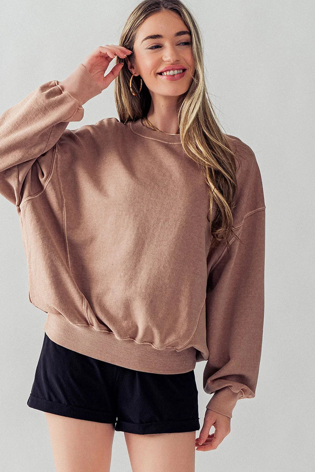 Orchid Petal Exposed Seam Batwing Sleeve Drop Shoulder Sweatshirt