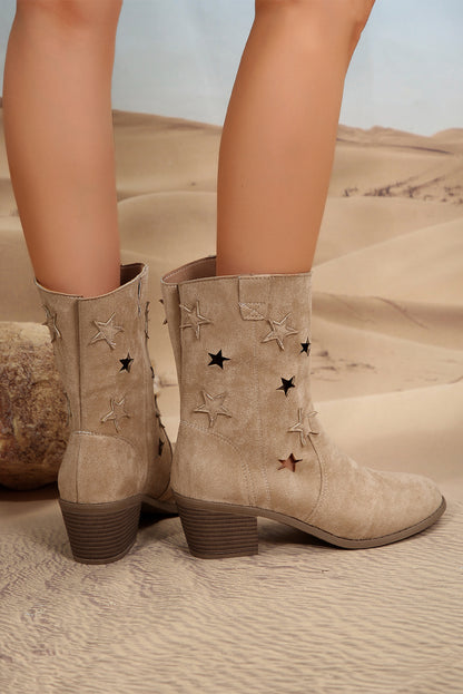 Chestnut Western Star Decor Suede Chunky Heel Boots