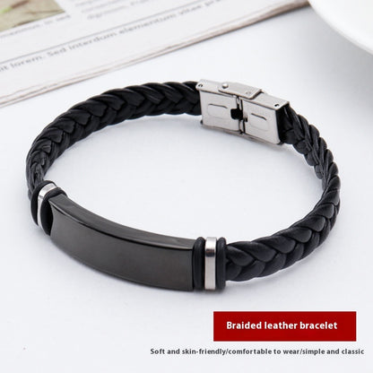 Men's Titanium Light Plate Lettering Stainless Steel Leather Braided Rope Bracelet