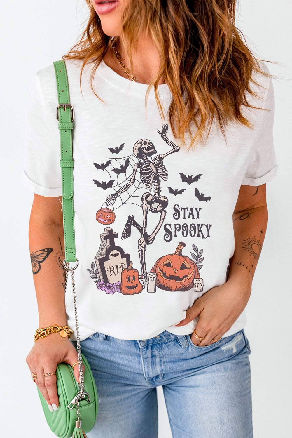 White Skull Pumpkin Face STAY SPOOKY Graphic Halloween T Shirt