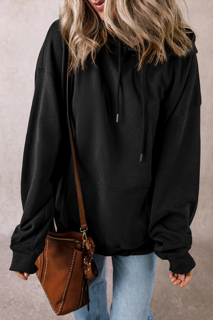 Black Fleece Lined Kangaroo Pocket Drawstring Chunky Hoodie