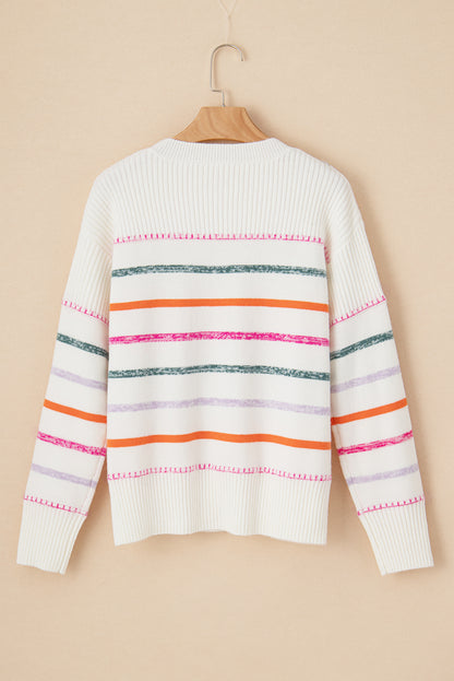 White Colorful Striped Ribbed Trim Sweater