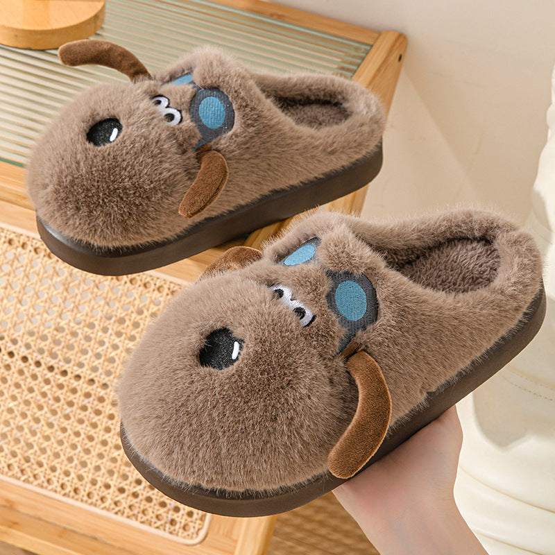 Cute Cartoon Dog Plush Slippers Winter Couple Indoor Warm Floor Home Slipper Non-slip Thick Bottom House Shoes