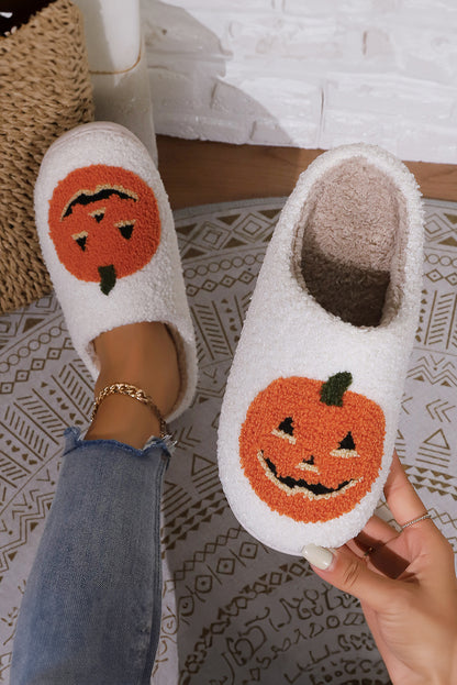 Black Halloween Pumpkin Print Plush Slippers