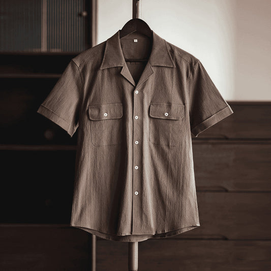 Retro Solid Color Seersucker Shirt Casual British Cuban Collar Shirt