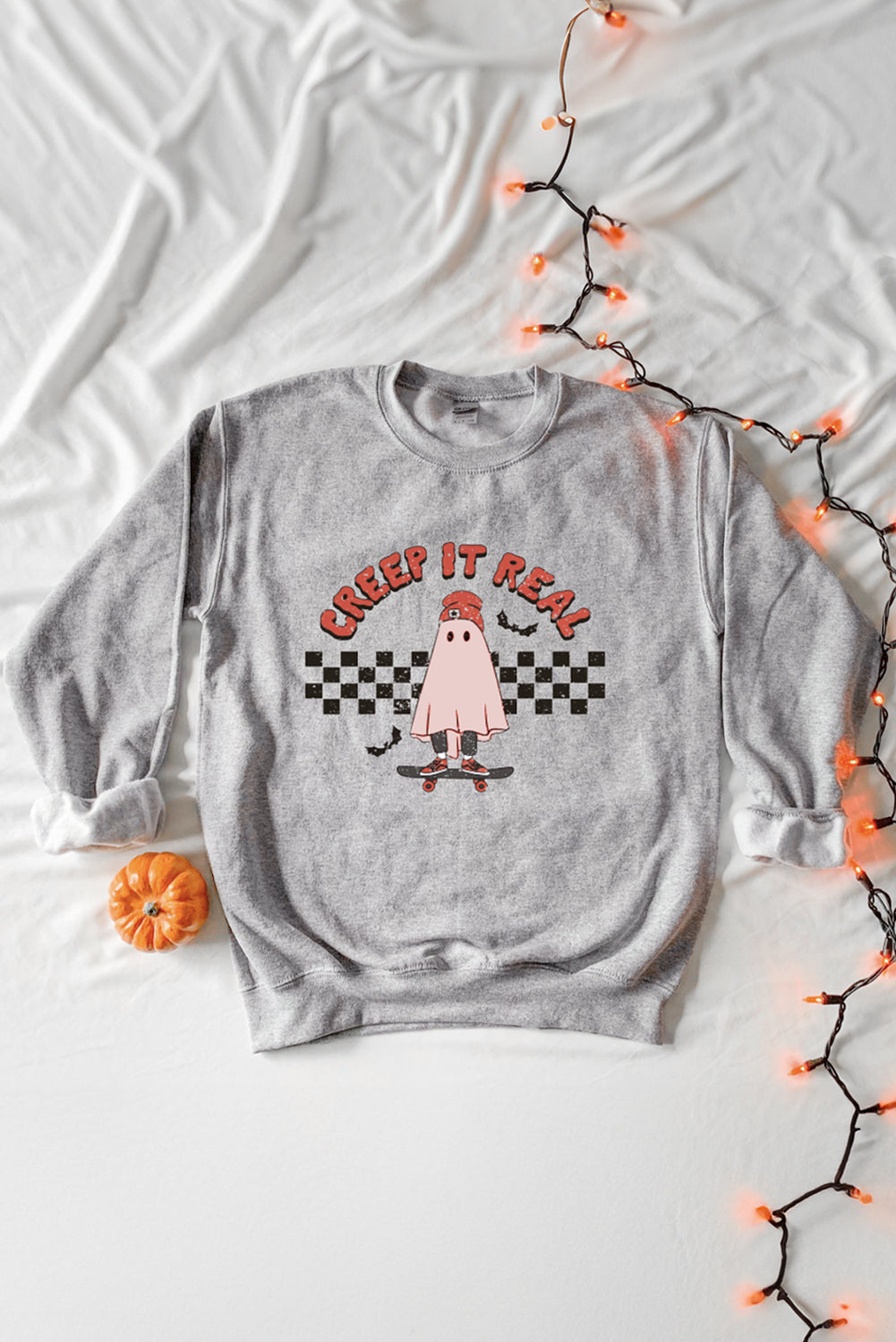 Light Grey Creep It Real Ghost Print Plus Size Sweatshirt