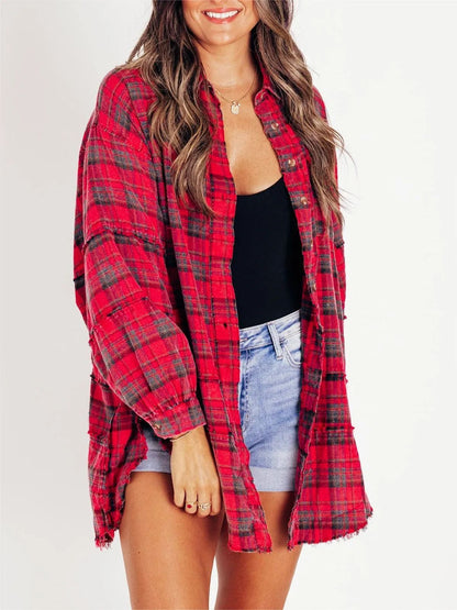 Women's Tassel Long-sleeved Top Loose Casual Plaid Shirt Coat Women