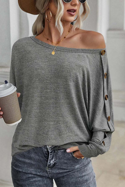 Gray Solid Color Button Decor Dolman Sleeve Top