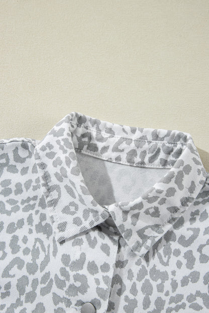 White Leopard Printed Flap Pocket Denim Jacket