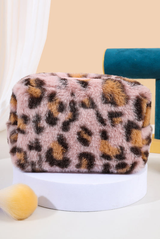 Peach Blossom Leopard Print Zipper Plush Cosmetic Bag